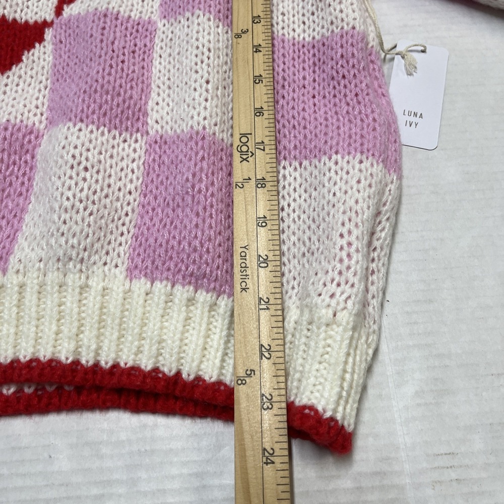 Luna Ivy‎ Sweater Womens L Pink White Checkerboard Heart Thick Knit Pullover - Picture 8 of 9